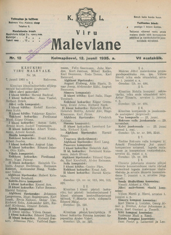 K. L. Viru Malevlane ; 12 1935-06-12