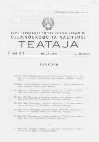 Eesti Nõukogude Sotsialistliku Vabariigi Ülemnõukogu ja Valitsuse Teataja ; 27 (344) 1972-07-07