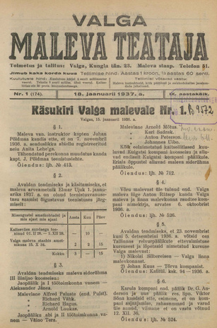 Valga Maleva Teataja ; 1 (174) 1937-01-18