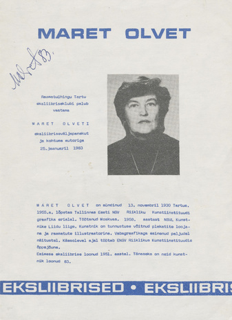 Maret Olvet : eksliibrised, Raamatuühingu Tartu eksliibriseklubis 25. jaan. 1983. a. : näituse buklett 