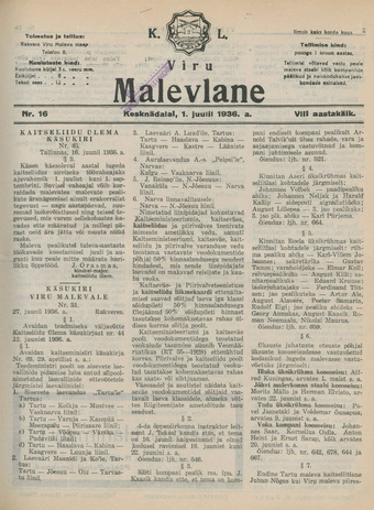 K. L. Viru Malevlane ; 16 1936-07-01
