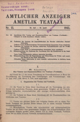 Ametlik Teataja. I/II osa = Amtlicher Anzeiger. I/II Teil ; 13 1943-06-30