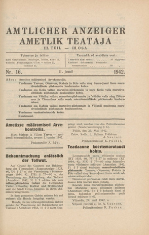 Ametlik Teataja. III osa = Amtlicher Anzeiger. III Teil ; 16 1942-06-11