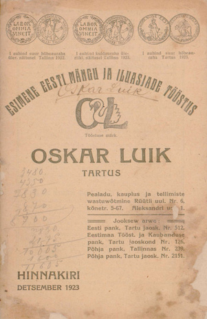 Esimene Eesti Mängu- ja Iluasjade Tööstus Oskar Luik : Tartus : hinnakiri 1923