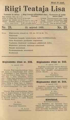 Riigi Teataja Lisa : seaduste alustel avaldatud teadaanded ; 23 1935-03-22