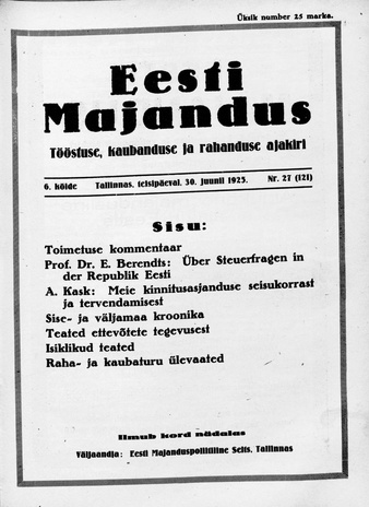 Eesti Majandus ; 27 (121) 1925-06-30