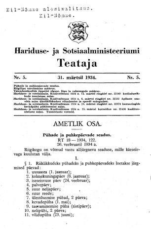 Hariduse- ja Sotsiaalministeeriumi Teataja ; 5 1934-03-31