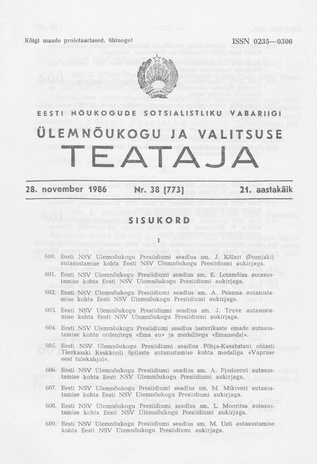 Eesti Nõukogude Sotsialistliku Vabariigi Ülemnõukogu ja Valitsuse Teataja ; 38 (773) 1986-11-28