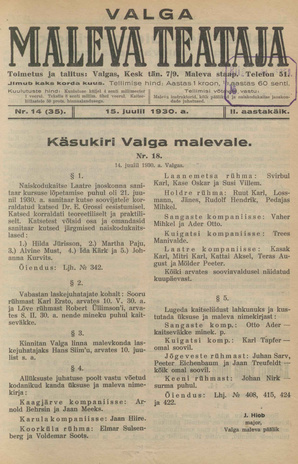 Valga Maleva Teataja ; 14 (35) 1930-07-15