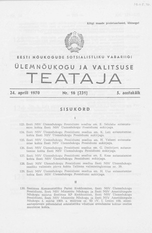 Eesti Nõukogude Sotsialistliku Vabariigi Ülemnõukogu ja Valitsuse Teataja ; 16 (231) 1970-04-24