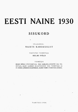 Eesti Naine : naiste ja kodude ajakiri ; sisukord 1930