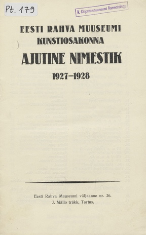 Eesti Rahva Muuseumi kunstiosakonna ajutine nimestik 1927-1928