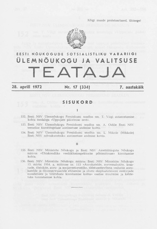Eesti Nõukogude Sotsialistliku Vabariigi Ülemnõukogu ja Valitsuse Teataja ; 17 (334) 1972-04-28