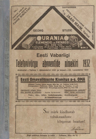 Eesti Vabariigi telefonivõrgu abonentide nimekiri : andmetel - Tallinn 1. detsembrini 1931 ja teised - 25. novembrini 1931