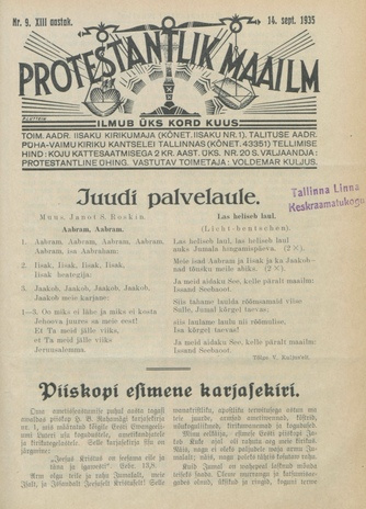 Protestantlik Maailm : Usu- ja kirikuküsimusi käsitlev vabameelne ajakiri ; 9 1935-09-14