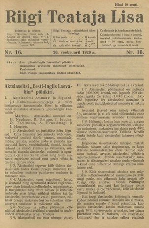 Riigi Teataja Lisa : seaduste alustel avaldatud teadaanded ; 16 1929-02-26