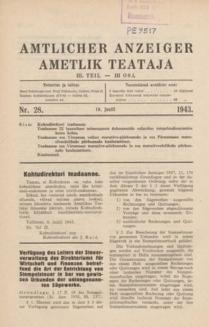 Ametlik Teataja. III osa = Amtlicher Anzeiger. III Teil ; 28 1943-07-10