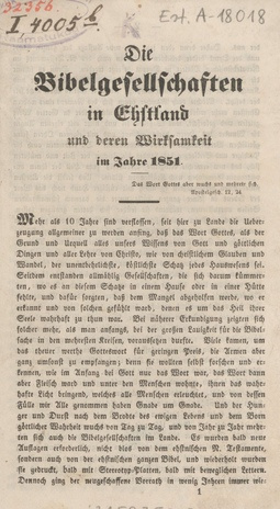 Die Bibelgesellschaften in Ehstland und deren Wirksamkeit im Jahre 1851.