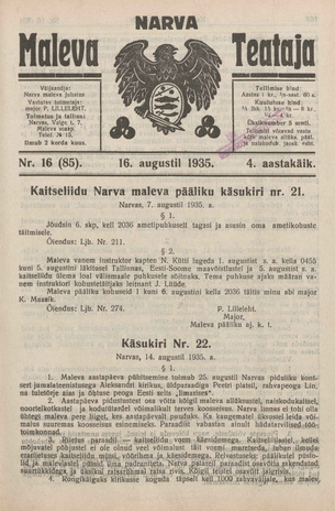 Narva Maleva Teataja ; 16 (85) 1935-08-16
