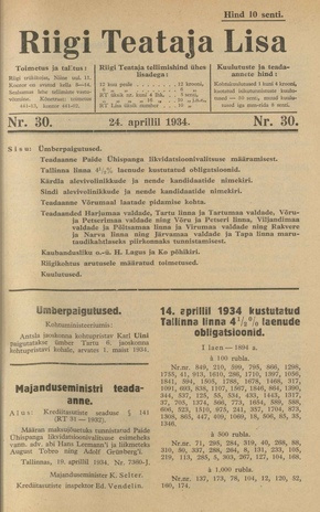Riigi Teataja Lisa : seaduste alustel avaldatud teadaanded ; 30 1934-04-24