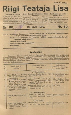 Riigi Teataja Lisa : seaduste alustel avaldatud teadaanded ; 60 1938-07-19