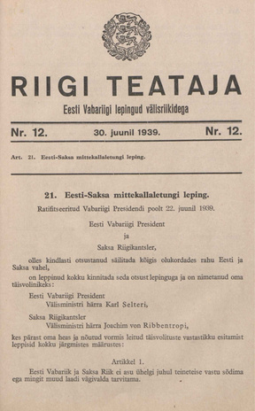 Riigi Teataja. Eesti Vabariigi lepingud välisriikidega ; 12 1939-06-30