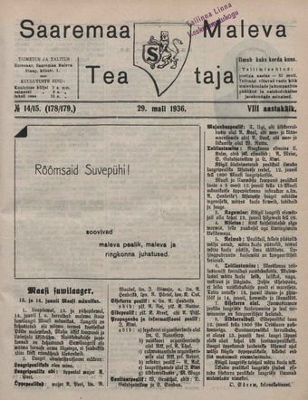 Saaremaa Maleva Teataja ; 14/15 (178/179) 1936-05-29