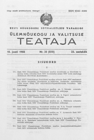 Eesti Nõukogude Sotsialistliku Vabariigi Ülemnõukogu ja Valitsuse Teataja ; 25 (850) 1988-06-10