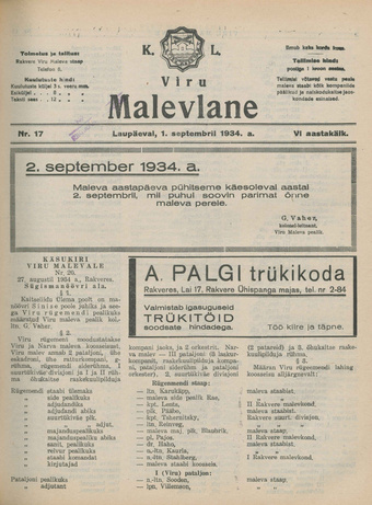 K. L. Viru Malevlane ; 17 1934-09-01