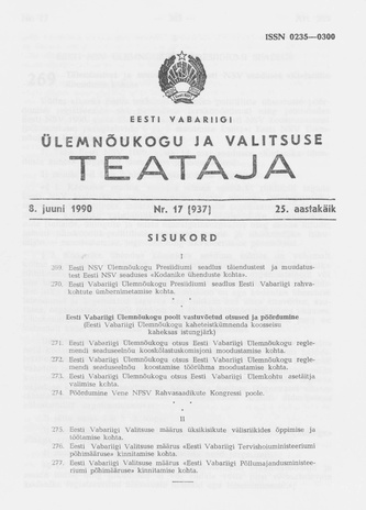 Eesti Vabariigi Ülemnõukogu ja Valitsuse Teataja ; 17 (937) 1990-06-08