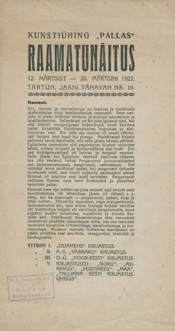 Kunstiühing "Pallas" : raamatunäitus : 12. - 26. märtsini 1922 Tartun