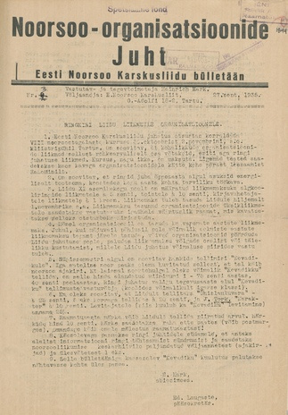 Noorsoo-organisatsioonide Juht : Eesti Noorsoo Karskusliidu bülletään ; 3 1935-09-27