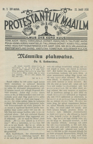 Protestantlik Maailm : Usu- ja kirikuküsimusi käsitlev vabameelne ajakiri ; 7 1936-07-22