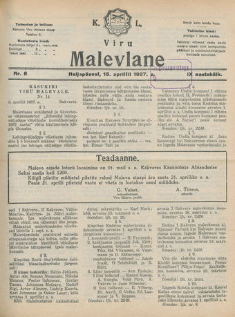 K. L. Viru Malevlane ; 8 1937-04-15