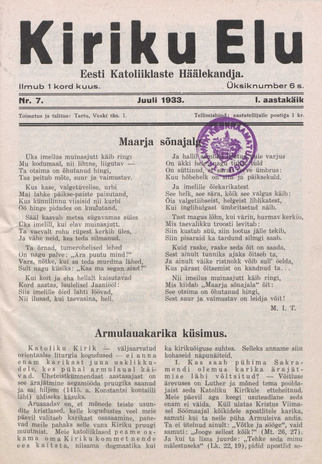 Kiriku Elu : Eesti Katoliiklaste Häälekandja ; 7 1933-07