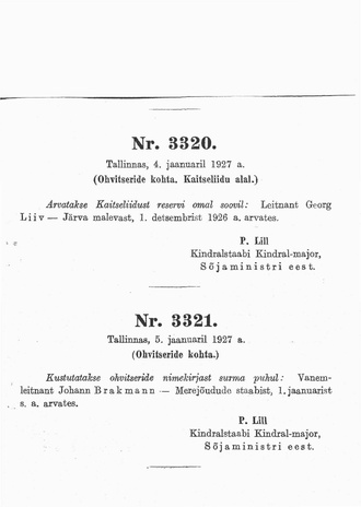 Käsukirjad kaitseväele : 1927 : nr. 3320-3636 : 4. jaan. - 31. dets.