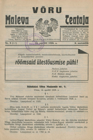 Võru Maleva Teataja ; 8 (117) 1938-04-14