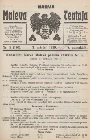 Narva Maleva Teataja ; 5 (170) 1939-03-03