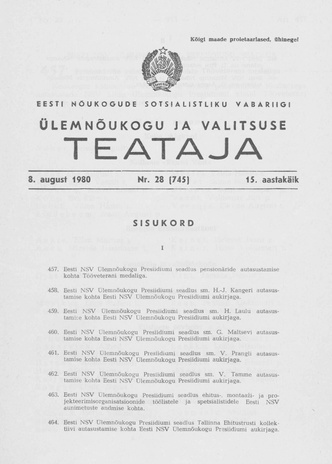 Eesti Nõukogude Sotsialistliku Vabariigi Ülemnõukogu ja Valitsuse Teataja ; 28 (745) 1980-08-08