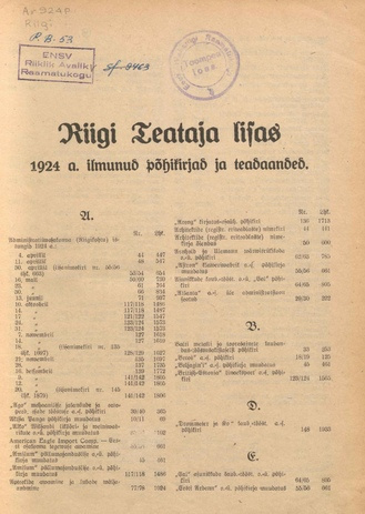 Riigi Teataja Lisa : seaduste alustel avaldatud teadaanded ; sisukord 1924