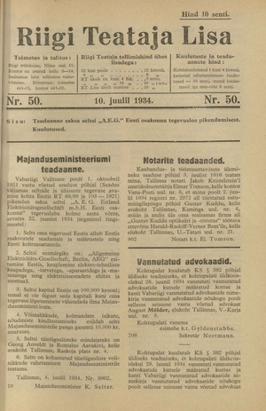 Riigi Teataja Lisa : seaduste alustel avaldatud teadaanded ; 50 1934-07-10