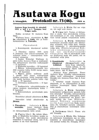 Asutawa Kogu protokoll nr.73 (46) (16. oktoober 1919)