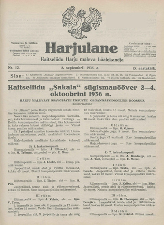 Harjulane : Kaitseliidu Harju Maleva häälekandja ; 12 1936-09-02