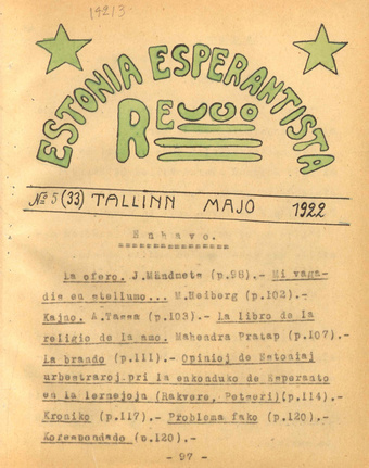 Estonia Esperantista Revuo ; 5 (33) 1922-05