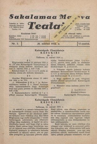 Sakalamaa Maleva Teataja ; 5 1934-03-20