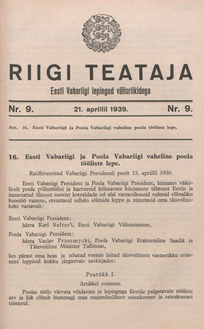 Riigi Teataja. Eesti Vabariigi lepingud välisriikidega ; 9 1939-04-21