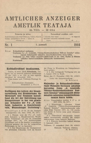 Ametlik Teataja. III osa = Amtlicher Anzeiger. III Teil ; 1 1944-01-05