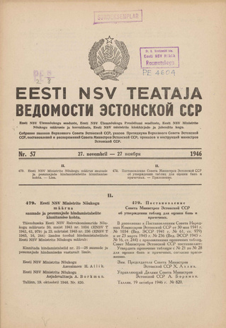 Eesti NSV Teataja = Ведомости Эстонской ССР ; 57 1946-11-27