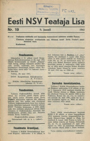 Eesti NSV Teataja lisa ; 19 1941-06-09
