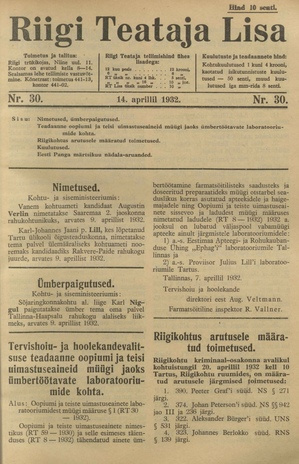 Riigi Teataja Lisa : seaduste alustel avaldatud teadaanded ; 30 1932-04-14
